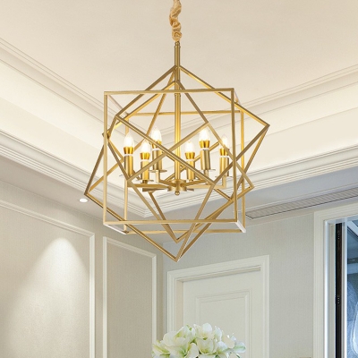 Cube Frame Dining Room LED Chandelier Light Metallic 6 Heads Post-Modern Pendant Light in Gold