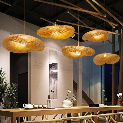 Donut Shaped Bamboo Hanging Lamp Artistic 1 Bulb Wood Ceiling Pendant Light for Tearoom