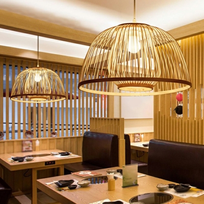 Dual Cage Shade Pendant Lighting Chinese Bamboo 1-Light Restaurant Hanging Light in Wood