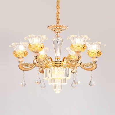 Flower Chandelier Light Fixture Traditional Gold K9 Crystal Suspension Lamp for Living Room