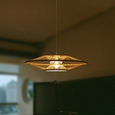 Flying Saucer Hanging Light Fixture Contemporary Bamboo Single Beige Pendulum Light over Table