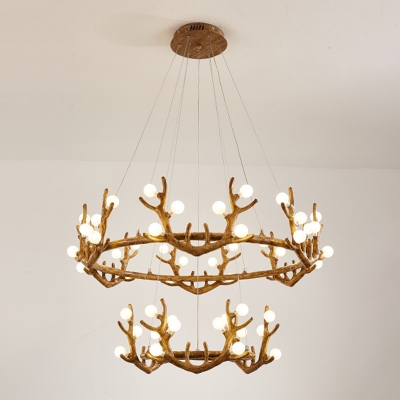 Frosted Glass Orbs Chandelier Lodge Living Room Ceiling Light with Branch Design in Wood