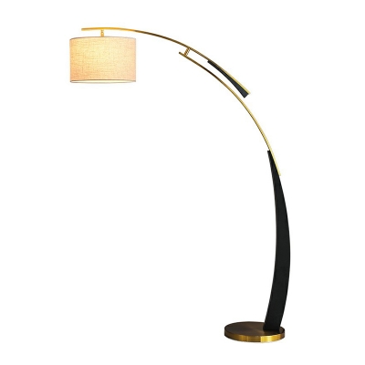 Gold and Black Arc Floor Light Simplicity 1-Light Metal Standing Lamp with Drum Fabric Shade
