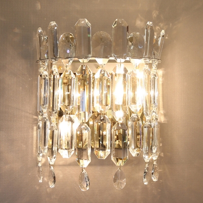 Half-Drum Bedside Wall Light Fixture K9 Crystal 2-Bulb Contemporary Sconce in Gold