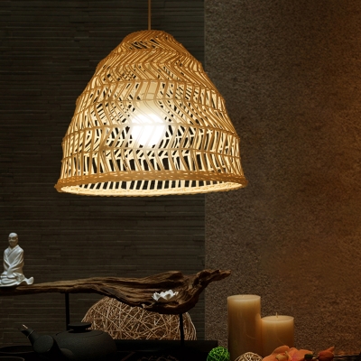 Handwoven Suspension Lighting Minimalist Rattan 1 Head Restaurant Pendant Ceiling Light in Wood