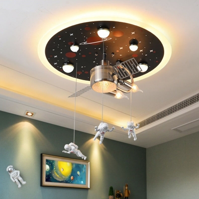 Kids Artificial Satellite Flush Light Metal 3-Bulb Bedroom Ceiling Mounted Fixture in Black