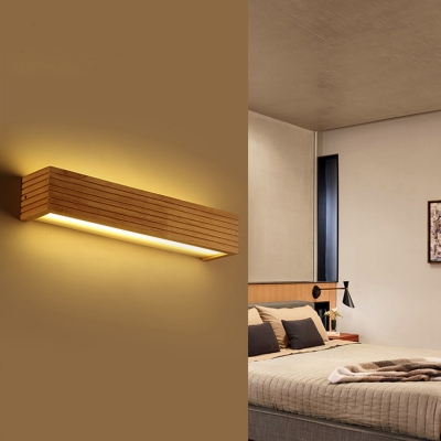 LED Bedroom Wall Sconce Lighting Nordic Beige Wall Lamp with Rectangle Wood Shade