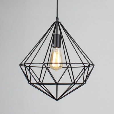 Loft Diamond Shaped Cage Ceiling Lamp 1-Light Metal Hanging Pendant Light in Black