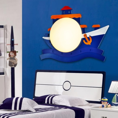 Mediterranean Cartoon Shape Wall Sconce Wooden 1-Light Kids Bedside Wall Mount Light in Blue