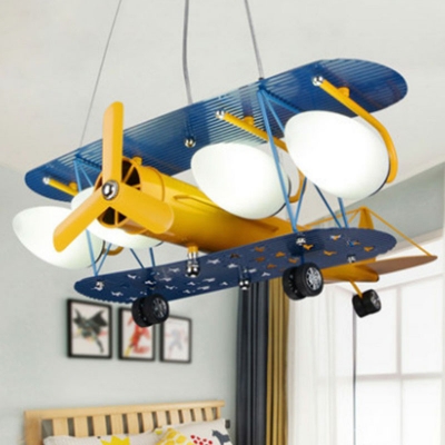 Metal Biplane Chandelier Pendant Kids 4-Light Yellow and Blue Ceiling Light with Ellipse Milk Glass Shade
