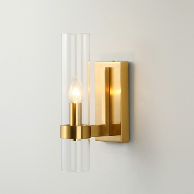 Minimalistic Tube Wall Mount Lighting Transparent Glass 1 Head Living Room Sconce in Gold