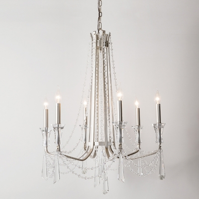 Nickel Finish Candle Chandelier Minimalist Metal Bedroom Hanging Light with Crystal Accents