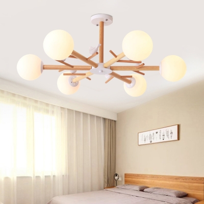 Nordic Chandelier Lighting Wood Branch Hanging Ceiling Light with Milk Glass Shade and Bird Deco