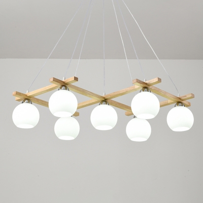 Nordic Dome Shaped Chandelier Opal Glass Living Room Ceiling Hang Light with Wood Frame