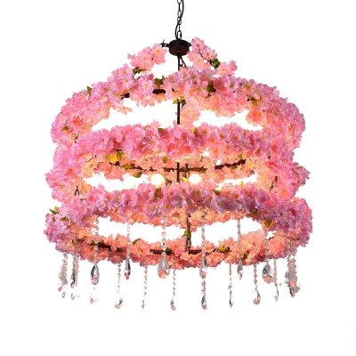 Pink Cylindrical Pendant Light Farmhouse Iron 6 Lights Bar Chandelier with Crystal Drops and Flower Deco
