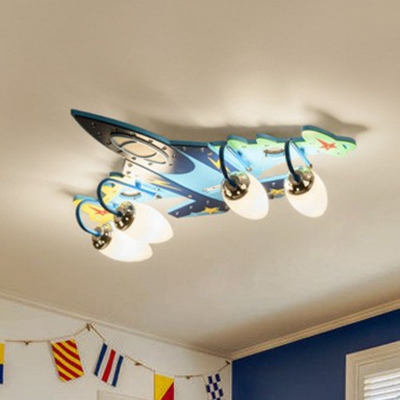 Plane Ceiling Mount Light Fixture Kids Wooden 4-Head Blue Flushmount Light for Nursery