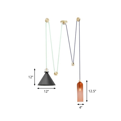 Postmodern Pulley Pendant Light Kit Metallic 2-Light Living Room Suspension Lamp with Cone Shade