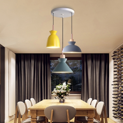 Pot Shaped Cluster Pendant Light Macaron Metal 3 Lights Dining Room Hanging Lamp with Wood Cork
