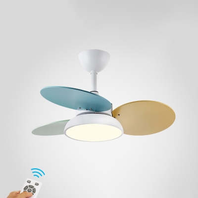 Remote Control Round LED Hanging Fan Light Macaron Metal Childrens Bedroom Semi Flush Ceiling Light