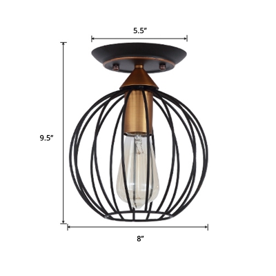 Retro Style Cage Ceiling Lighting Single-Bulb Iron Semi Flush Mount Light in Black for Stairs