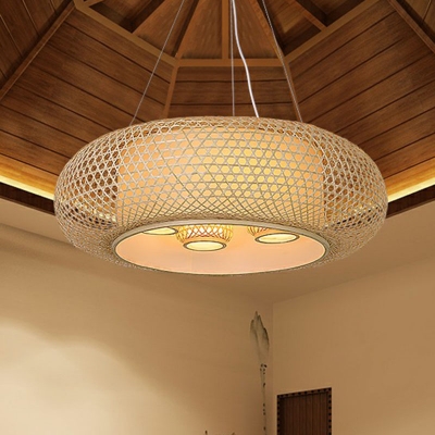 Round Bamboo Pendant Chandelier Asian 4 Lights Wood Hanging Light for Restaurant