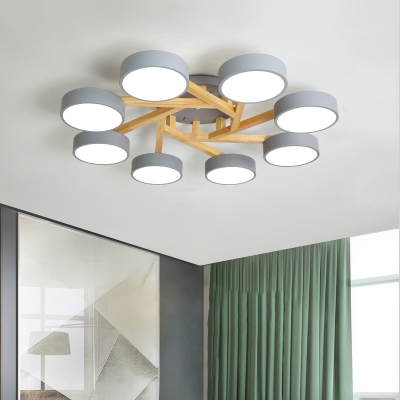 Round LED Semi Flush Mount Lighting Nordic Metal Living Room Ceiling Lamp with Wooden Arm