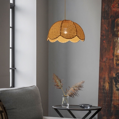 Scallop Dome Ceiling Light Nordic Style Rattan 1 Bulb Restaurant Hanging Lamp in Wood