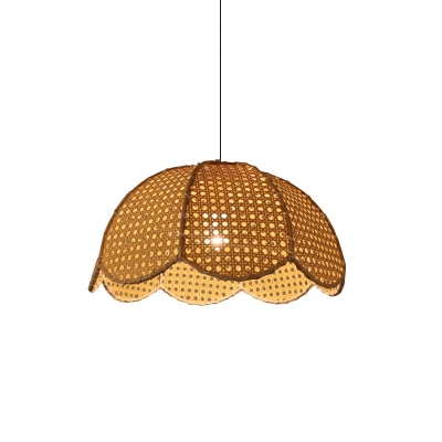 Scallop Dome Ceiling Light Nordic Style Rattan 1 Bulb Restaurant Hanging Lamp in Wood