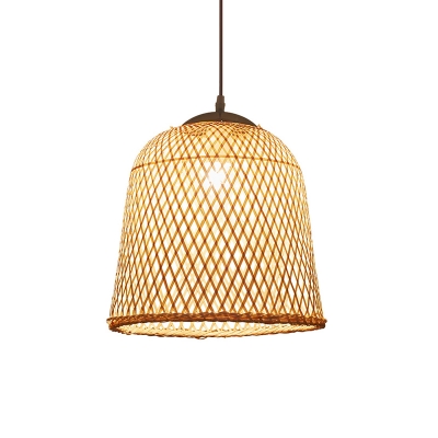 Simplicity Bell Shade Suspension Light Bamboo 1-Light Restaurant Pendant Light Fixture in Wood