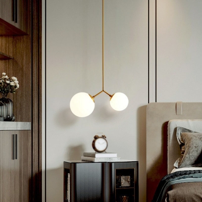 Simplicity Globe Chandelier Pendant Light Opal Glass 2 Heads Living Room LED Hanging Light in Gold