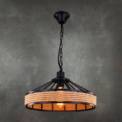 Single Barn Shaped Hanging Light Rustic Black Rope Pendant Light with Cage Design