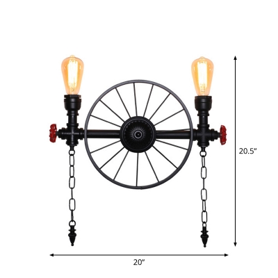 Steampunk Spoke Wheel Wall Light Kit Wrought Iron Sconce Lighting with Decorative Chain and Valve in Black