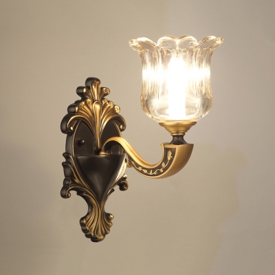 Transitional Flower Wall Mount Light Clear Glass Sconce Lighting Fixture in Bronze