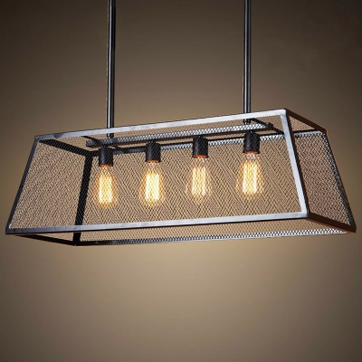 Trapezoid Wire Net Metal Island Pendant Light Warehouse 4-Light Restaurant Hanging Lamp in Black