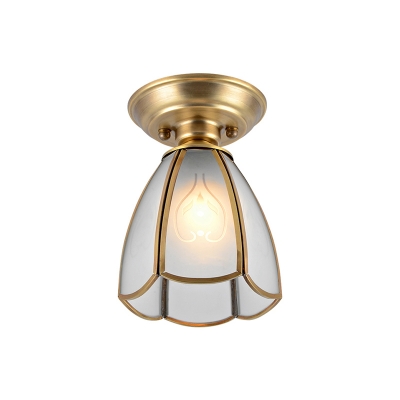 Vintage Bell Semi Flush Mount Single-Bulb Frosted Glass Semi Flush Ceiling Light in Brass