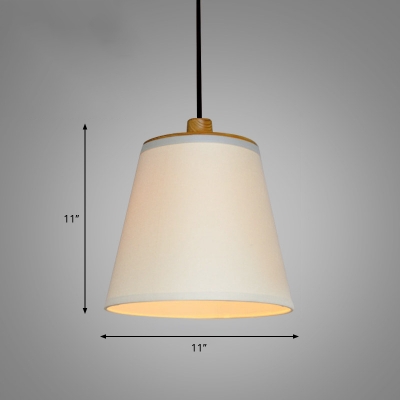 White Conical Pendant Lighting Rustic Fabric 1 Head Dining Room Ceiling Light with Wood Cap