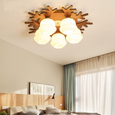 White Glass Bud Shaped Ceiling Flush Mount Light Modern Flush Mounted Lamp with Wooden Antler Decor