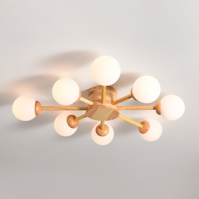 Wood Sputnik Semi Flush Mount Light Nordic White Ball Glass Close To Ceiling Fixture for Living Room
