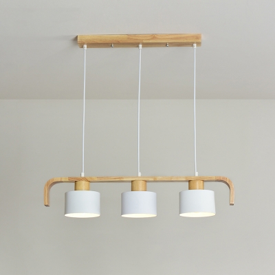 Wooden Linear Island Light Nordic Style Ceiling Suspension Lamp with Drum Metal Shade