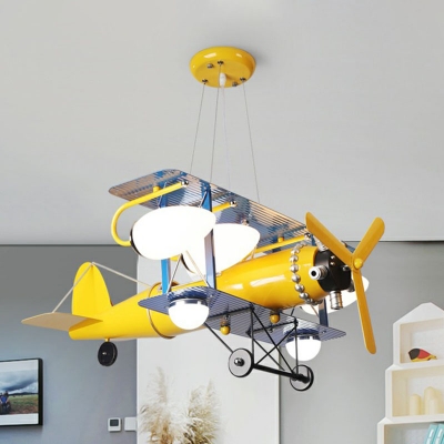 Yellow Biplane Suspension Pendant Light Kids 7 Lights Ivory Glass Ceiling Chandelier