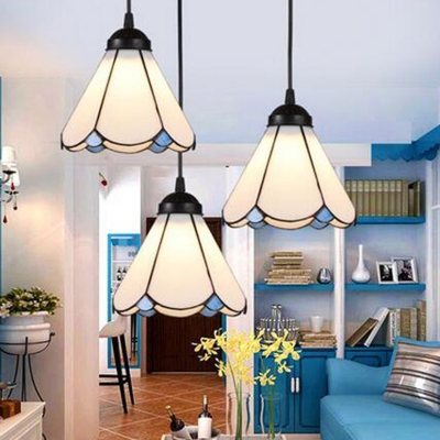 3 Heads Multi Ceiling Lamp Tiffany Scalloped Conical White Glass Suspension Light for Restaurant