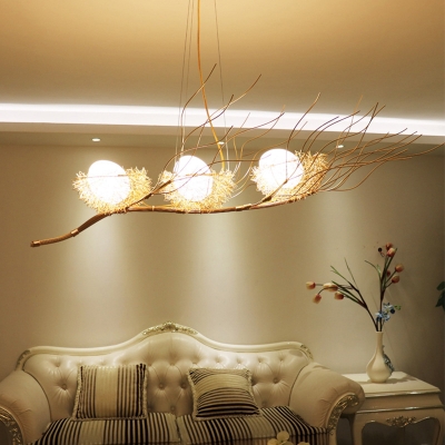 Artistic Bird Nest Chandelier Lighting Metallic 3 Heads Living Room Pendant Light Fixture in Beige