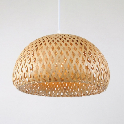 Bamboo Dome Ceiling Pendant Lamp Asian 1 Head Wood Suspension Light with White Glass Shade for Hallway