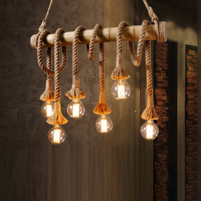 Bamboo Pole Island Ceiling Light Cottage 6 Heads Restaurant Hanging Lamp with Dangling Rope in Brown