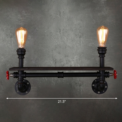 Black 2-Light Sconce Lighting Industrial Iron Piping Wall Lamp with Shelf and Red Valve
