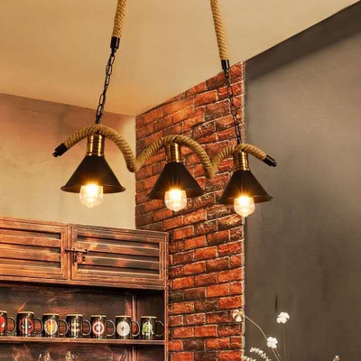Black Conical Island Lighting Retro Metal Bistro Ceiling Pendant Light with Twisted Rope Arm