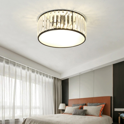 Black Drum Flush Mount Ceiling Fixture Simplicity Tri-Sided Crystal Flush Light for Bedroom
