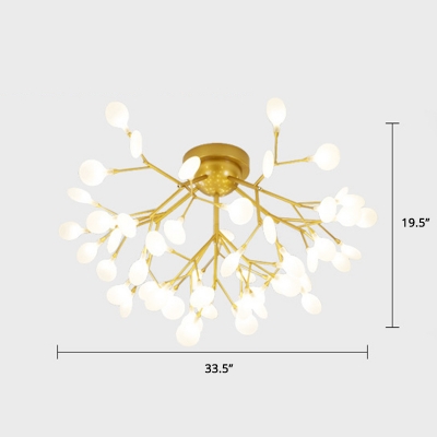 Branch LED Semi Flush Postmodern Metallic Bedroom Firefly Ceiling Mount Chandelier in Gold