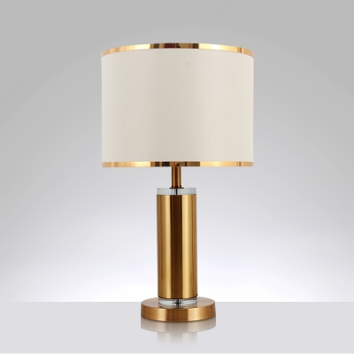 Brass Cylindrical Table Light Traditional Metal Single Bedside Nightstand Lighting with Round Fabric Shade