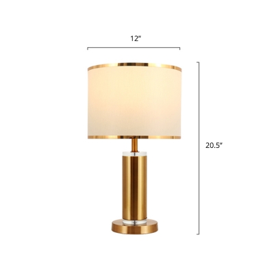 Brass Cylindrical Table Light Traditional Metal Single Bedside Nightstand Lighting with Round Fabric Shade
